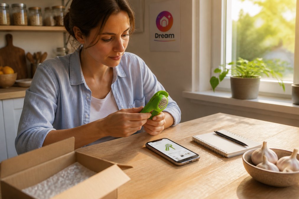 A person at a kitchen table examining a small green garlic press in one hand while a smartphone showing a product listing rests beside a notepad and pen, warm afternoon light through a window