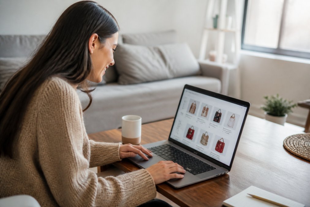 Person shopping on a laptop at home with a coffee cup nearby, smiling while browsing discount deals on the screen