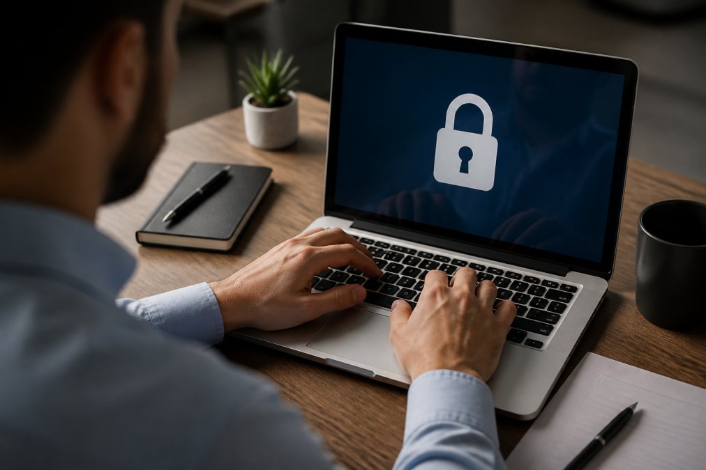 Close-up of hands on a keyboard with a padlock icon visible on the screen, representing secure online shopping