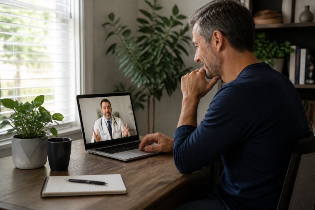 Professional illustration showing man and his and mid- concepts for online ed treatment