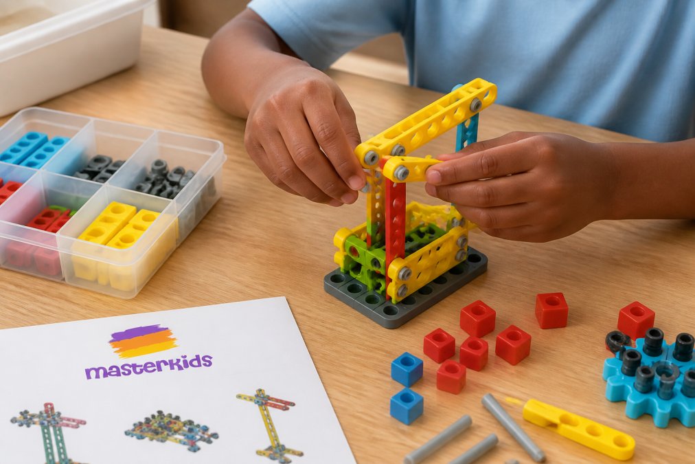 Child's hands assembling a colourful construction kit at a wooden wooden table with focus blocks and problem-solving pieces nearby