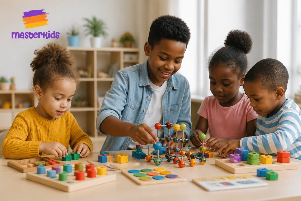 Group of children of different ages engaged in hands-on learning with educational toys and building sets in a bright, welcoming space