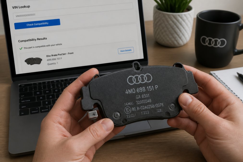 Close-up of hands holding a genuine Audi brake pad with part number visible, laptop screen showing VIN lookup tool and compatibility results in background, well-lit workspace