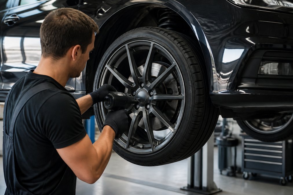 Experienced technician installing genuine European OEM brake component on luxury vehicle in well-lit professional garage, precision tools visible, component part number clearly shown