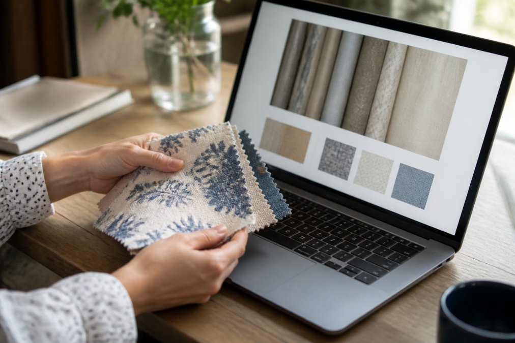 Hands holding designer textiles swatches while browsing an online fabric store to compare color and texture.