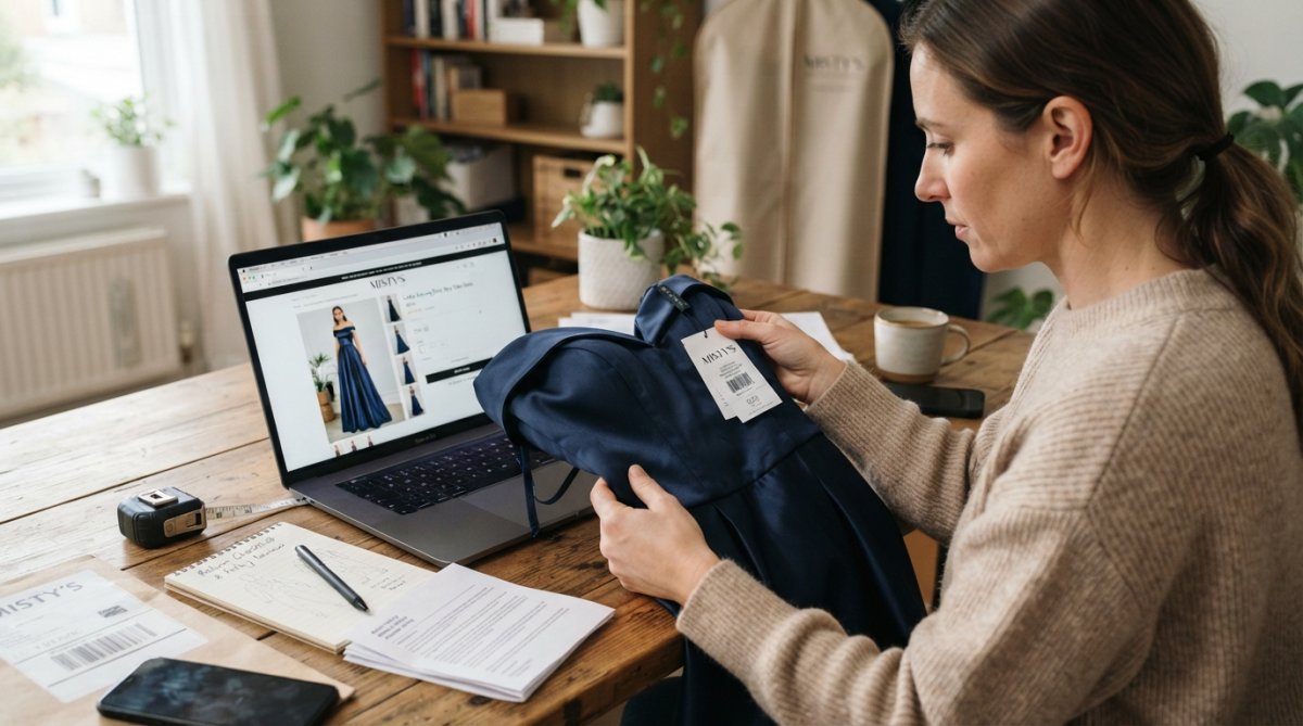 A customer carefully inspecting a new dress with tags still attached, comparing it to product photos on a laptop screen in natural light