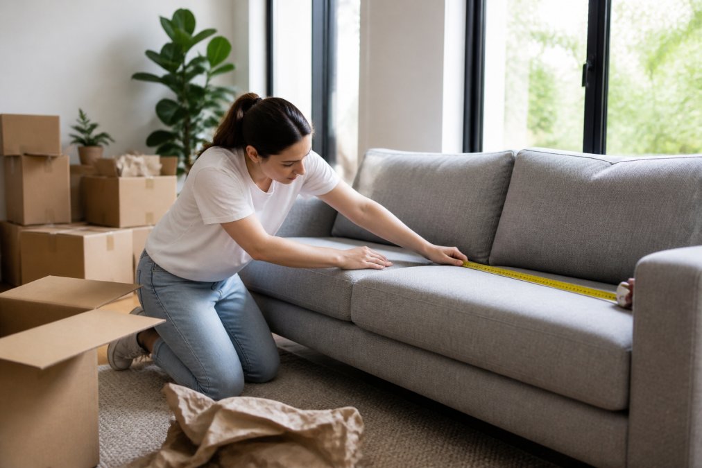 A woman kneeling on a living room floor measuring a gray sofa with a yellow tape measure, moving boxes and packing paper scattered nearby, afternoon light through tall windows