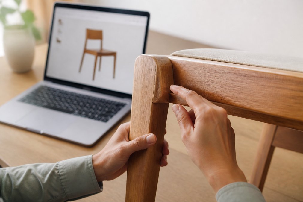 Infographic showing a step-by-step process for evaluating furniture store quality by inspecting solid wood joints.