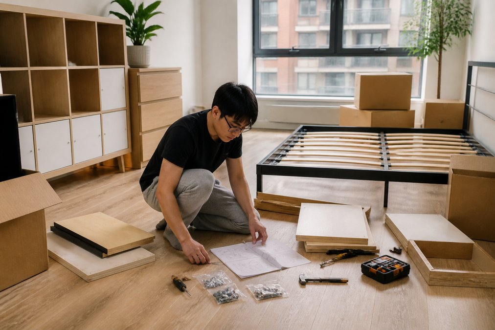 Young professional arranging modular storage pieces and a bed frame in a bright, sparsely furnished apartment living room, with cardboard boxes and assembly instructions visible on the floor