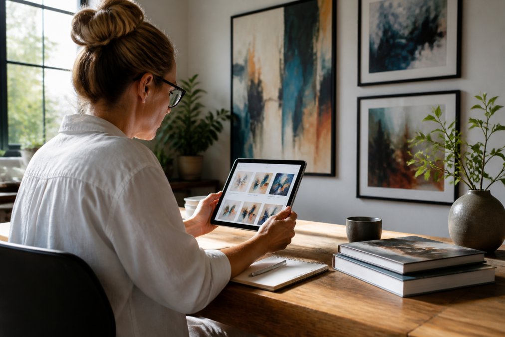 Collector browsing original paintings on a tablet in a bright home office, with framed abstract artwork visible on the wall behind them, natural afternoon light streaming through windows