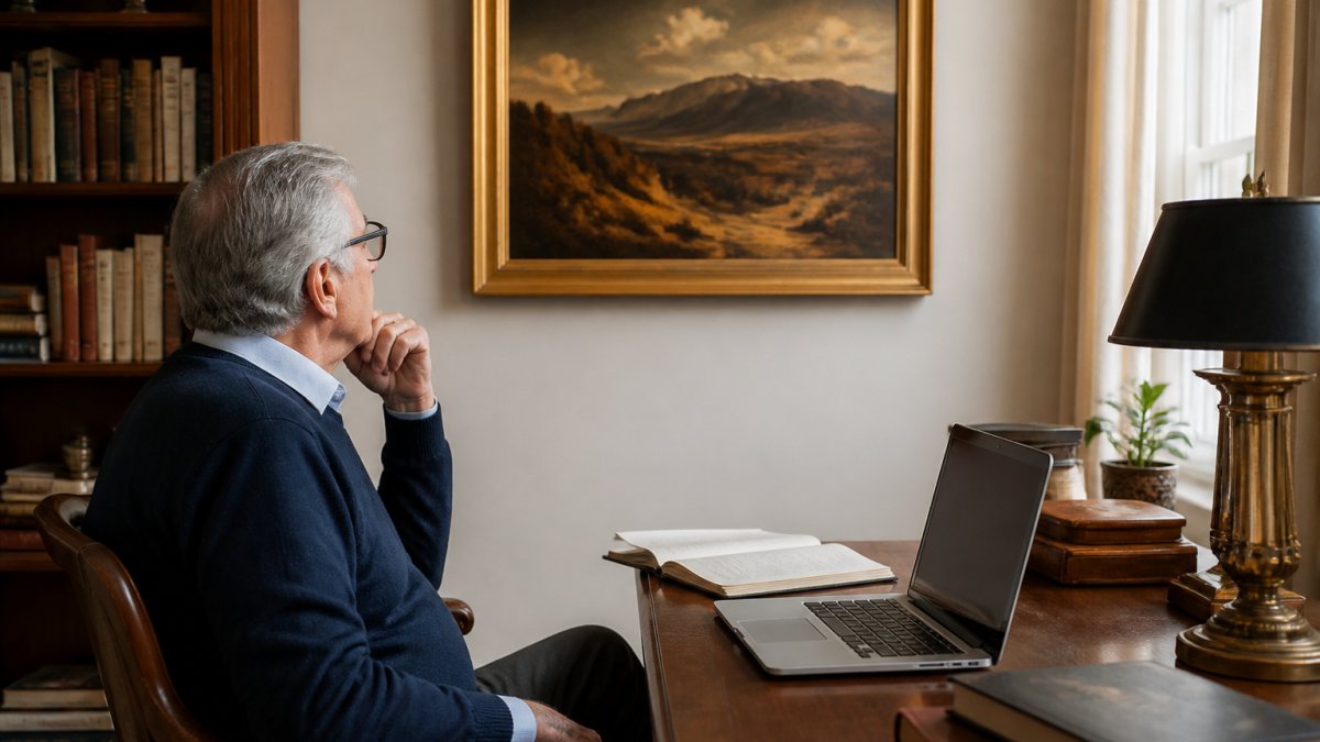 A collector in a well-lit home study examining a framed painting on a wall, with a laptop open on a nearby desk showing an online gallery page