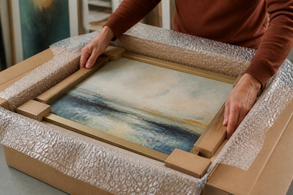 Close-up of hands carefully unboxing a framed painting with protective packaging materials, showing secure professional shipping preparation with bubble wrap and cardboard bracing