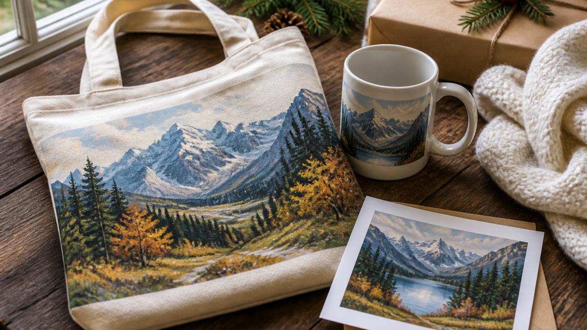 Flat-lay arrangement of landscape art merchandise including a tote bag with scenic mountain print, ceramic mug with landscape design, and small art print, displayed on a wooden table with natural window lighting