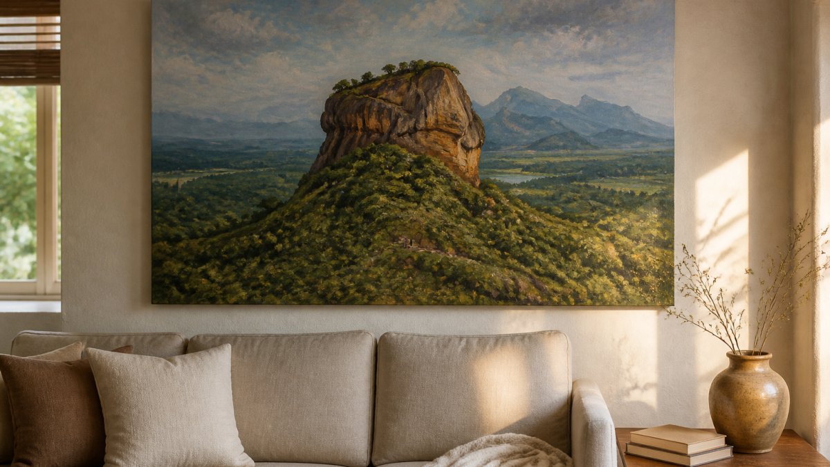 A large acrylic painting of the Sigiriya rock fortress hanging on a warm neutral living room wall above a low sofa, late afternoon light raking across the canvas texture, a ceramic vase and stacked books on a side table