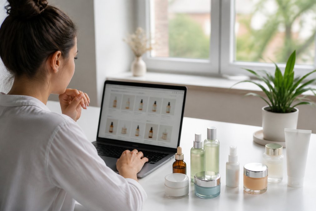 A woman browsing skincare products on a laptop at a clean white desk, with several moisturizers, serums, and toners arranged nearby in soft natural window light