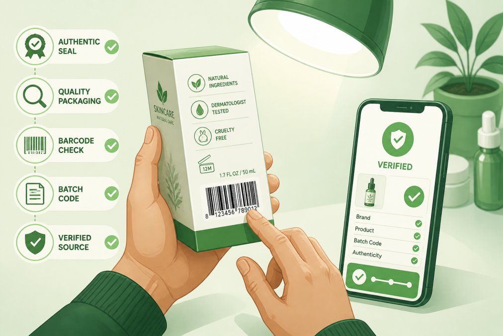 Close-up of a person's hands carefully examining a skincare product box under bright lamp light, checking the label and barcode, with a smartphone beside them showing a product verification page