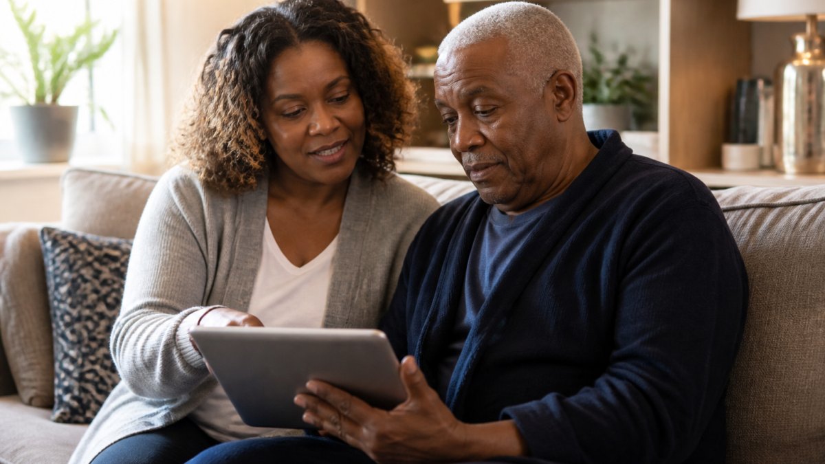 An adult family member sitting beside a recovering heart surgery patient on a living room sofa, both looking at a tablet together in warm natural light