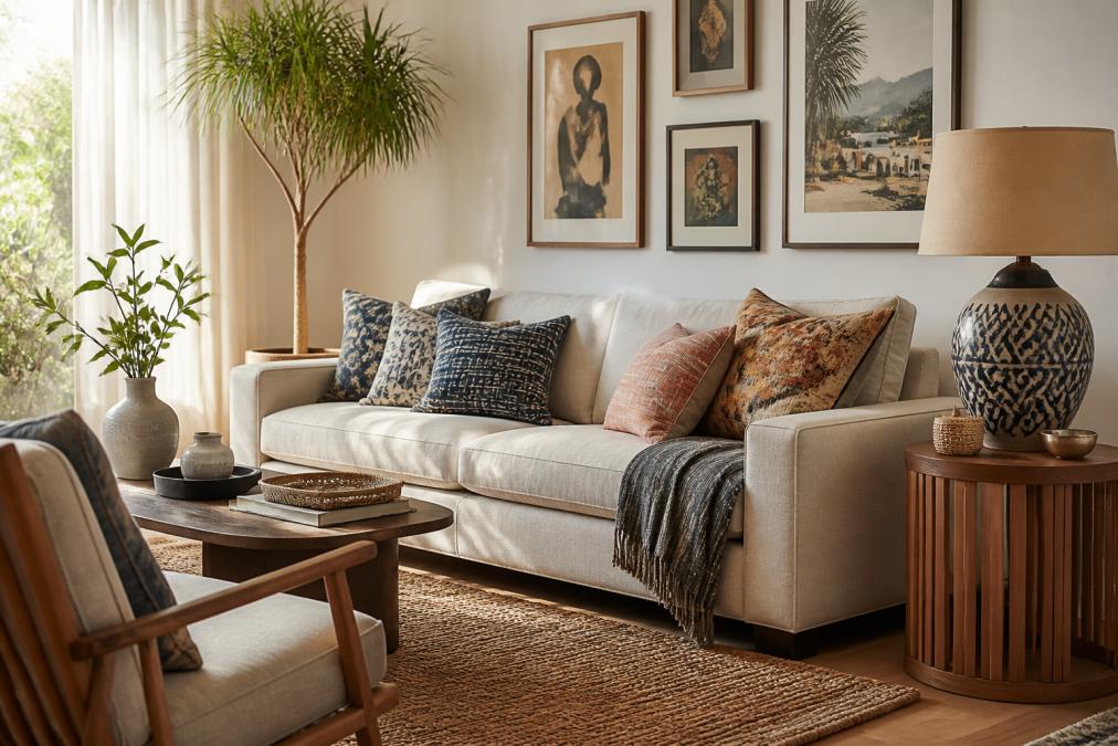 A bright, well-styled living room featuring a mix of modern and vintage decorative accents, including patterned throw pillows, framed wall art, a woven jute rug, and a tall ceramic statement lamp, arranged around a neutral linen sofa with warm afternoon light streaming through sheer curtains