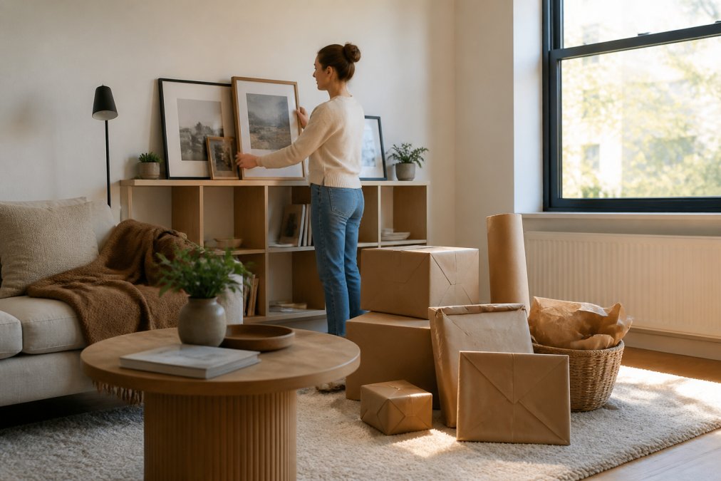 A young professional in her mid-20s arranging framed wall art on a shelf in a small, minimalist apartment living room, with several home decor items in brown kraft paper packaging nearby on the floor, warm afternoon light coming through a single large window