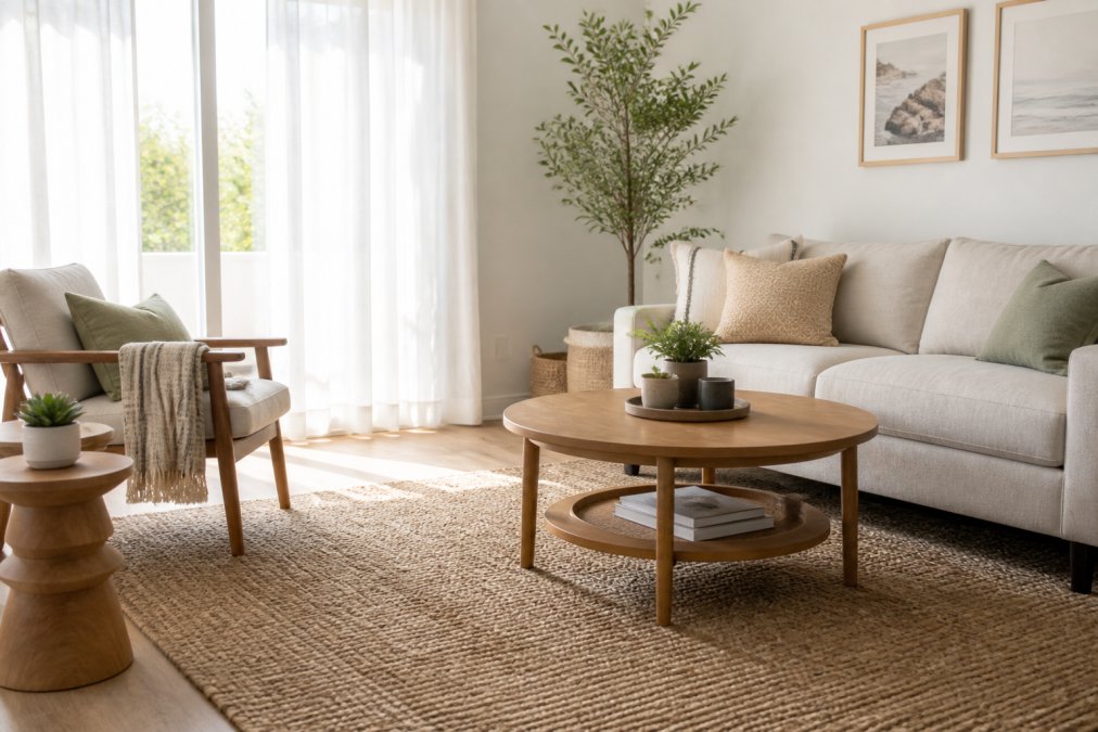 A bright, well-styled living room featuring a woven area rug, simple framed wall art, and a small wooden accent table with a potted succulent, morning light streaming through sheer white curtains, conveying an accessible yet put-together aesthetic
