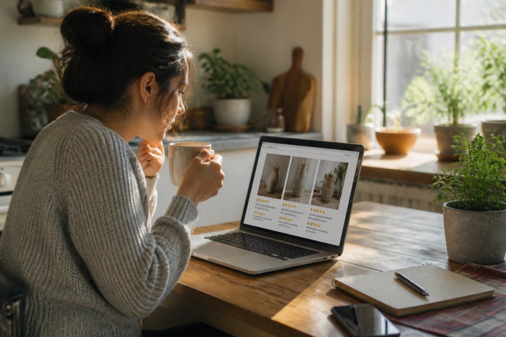 A person sitting at a wooden kitchen table with a laptop open, scrolling through product images and reading customer reviews, holding a ceramic coffee mug, warm morning light coming through a nearby window, cozy home environment with plants visible in the background