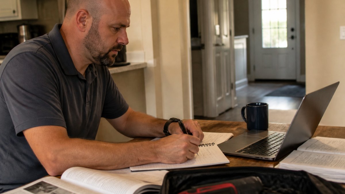 Adult learner studying online home inspection courses on a laptop at a desk with notes in the evening.