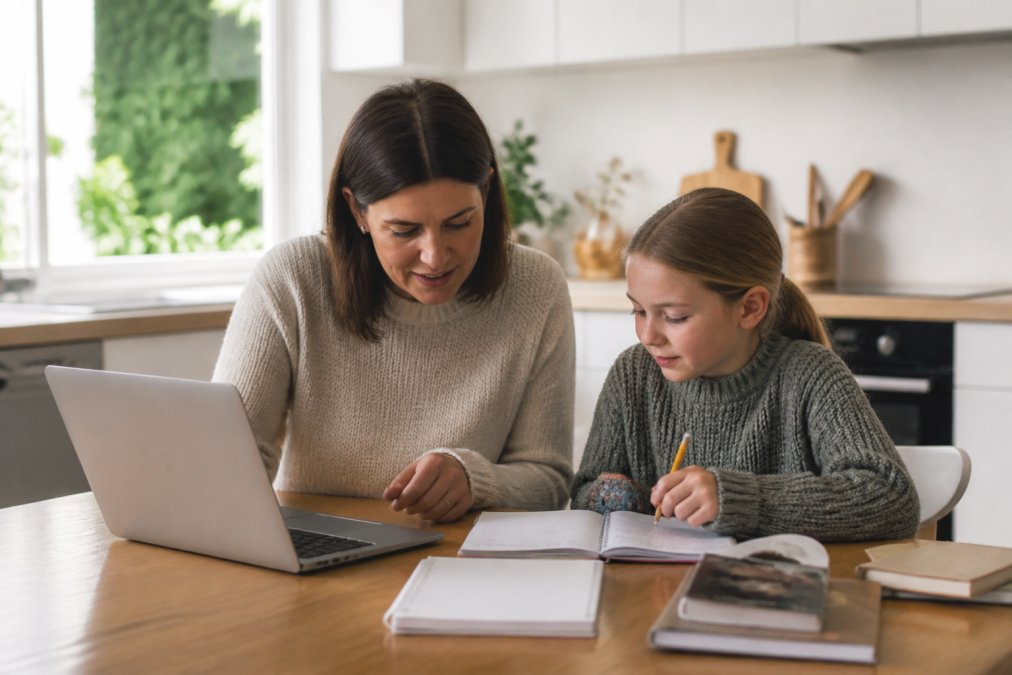 A parent and primary-school-aged child working together at a bright kitchen table, with a laptop open showing a learning platform and notebooks nearby