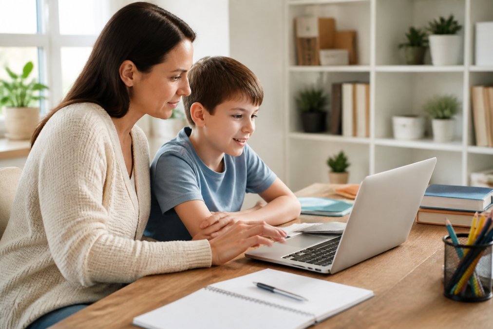 A parent and child sitting together at a desk with a laptop, reviewing progress charts on the screen in a bright home study area