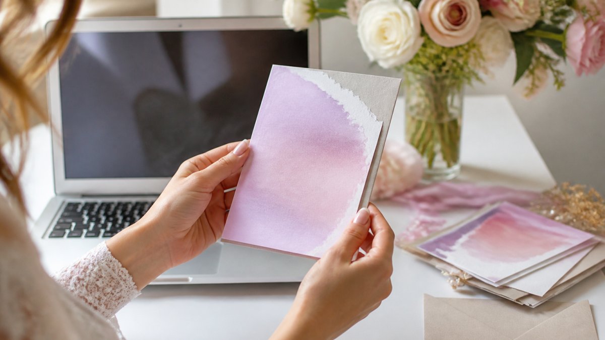 A close-up of a bride's hands holding a personalized watercolor ombre wedding invitation at a bright table, a laptop showing an online design tool open beside her