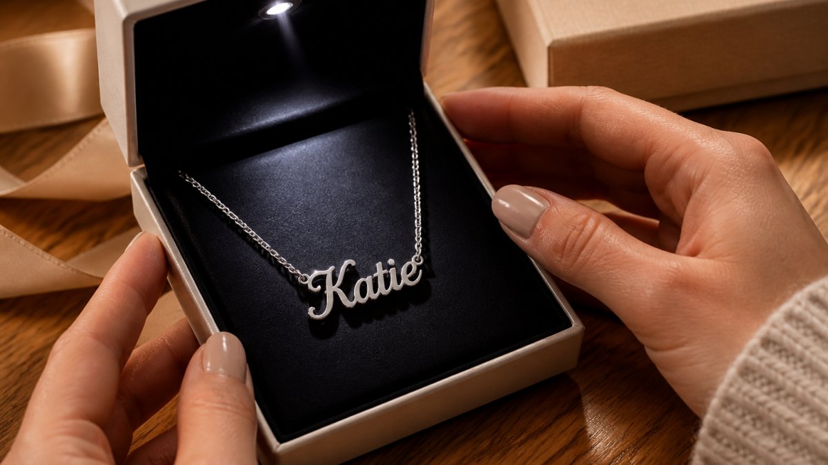 Close-up of hands holding a personalized name necklace with stainless steel finish, displayed in soft luxury packaging with LED spotlight illuminating the pendant