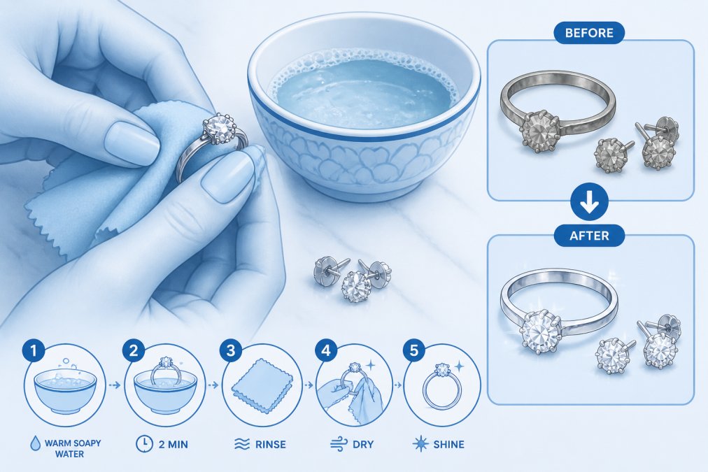 Close-up of hands gently cleaning a delicate sterling silver ring and earrings with a soft microfiber cloth, with a small ceramic bowl of warm soapy water visible on a marble surface, showing the jewelry's sparkle before and after