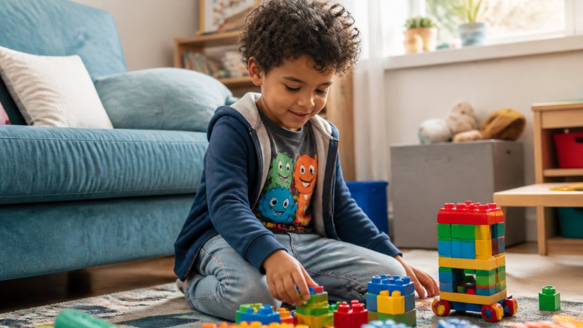 A young child wearing a colorful cartoon graphic tee and hoodie, playing on a bright living room floor with toys scattered nearby, natural window light