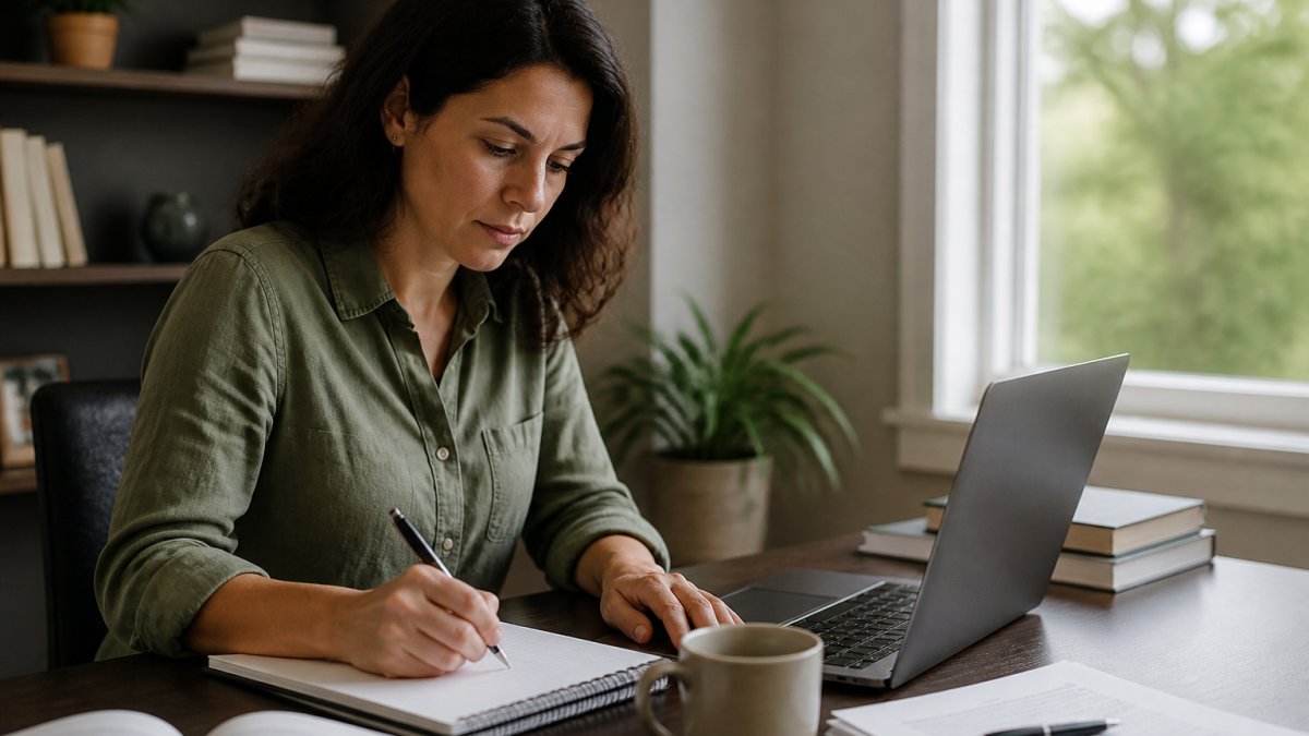 Focused student studying mortgage materials on a laptop in a sunny home office with coffee and a notebook