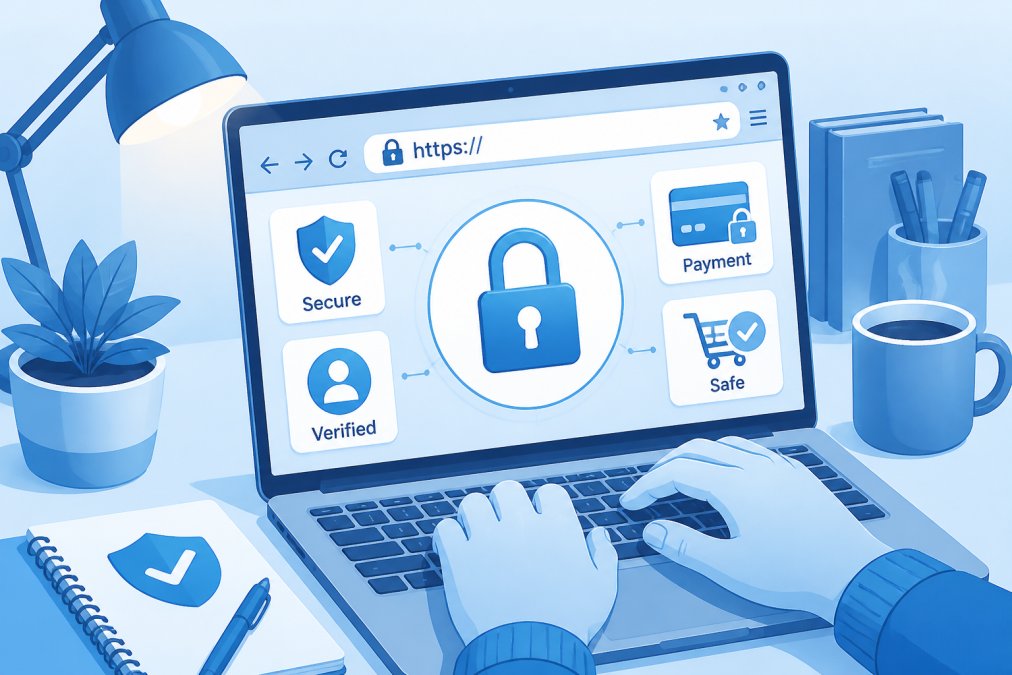 Close-up of hands typing on a laptop keyboard with a visible padlock icon in the browser address bar, warm desk lamp lighting suggesting a home office environment