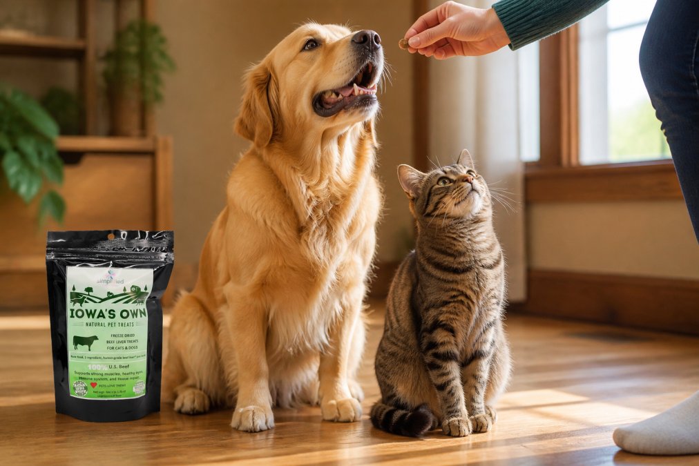 A golden retriever and a tabby cat sitting side by side on a hardwood floor, both looking up at a person's hand offering a small freeze-dried treat, warm afternoon sunlight through a nearby window