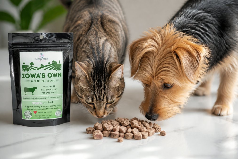 Close-up of a small pile of freeze-dried beef liver pieces on a clean white surface, with a curious tabby cat and a small terrier both leaning in to sniff the treats, bright natural light