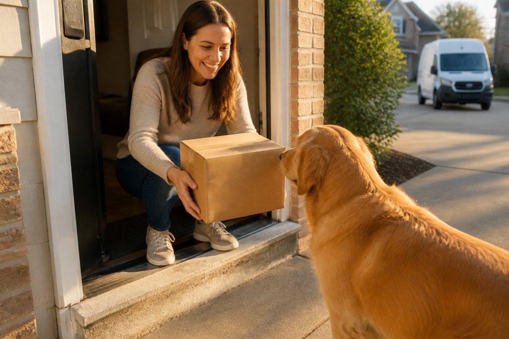 Pet owner receiving a cardboard delivery box at their front door, their golden retriever approaching with interest, morning sunlight illuminating a residential driveway