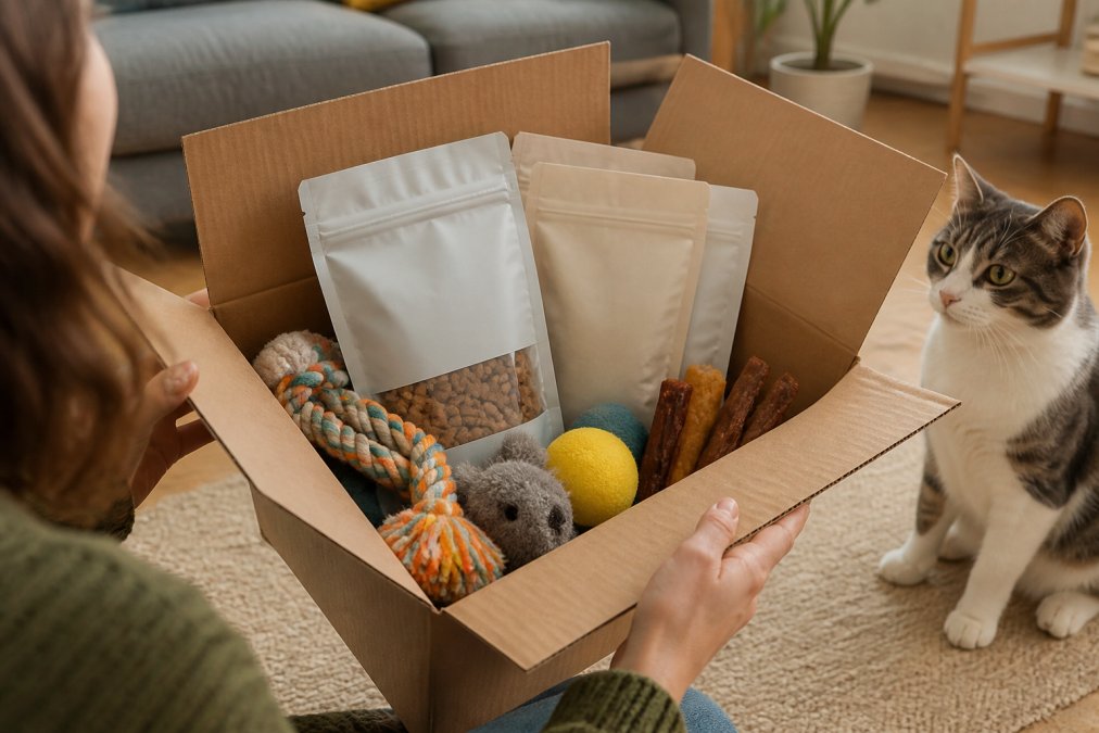 Hands opening a branded subscription box containing pet food bags, colorful toys, and treats, with a cozy living room background and a cat nearby