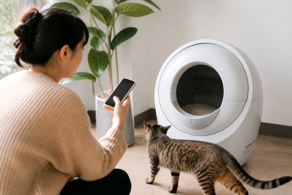 Person checking a smartphone app while a cat approaches a modern automatic litter box in a clean home setting