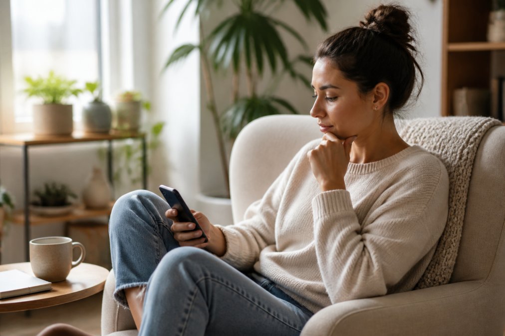Person looking thoughtfully at smartphone with encouragement app open, sitting in comfortable home setting with natural light