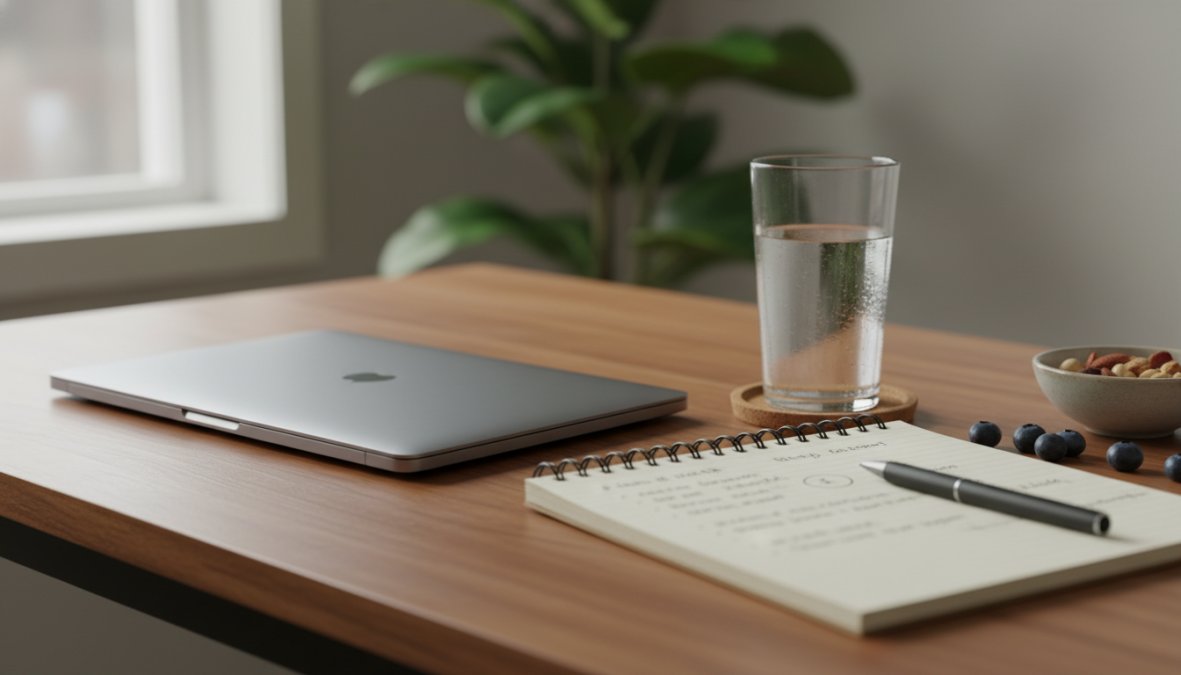 A woman in her mid-40s sitting at a well-lit home desk, smiling while reviewing a health program on a laptop, with a glass of water and a spiral notebook open beside her, warm [natural](/natural-menopause-relief/) light from a nearby window