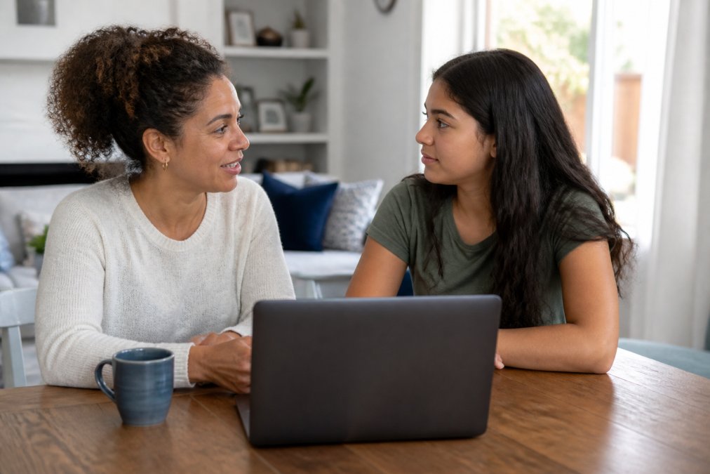 Parent and teenager sitting together at home having a calm conversation with a laptop open on the table between them, natural window lighting, relaxed body language suggesting preparation for a virtual appointment