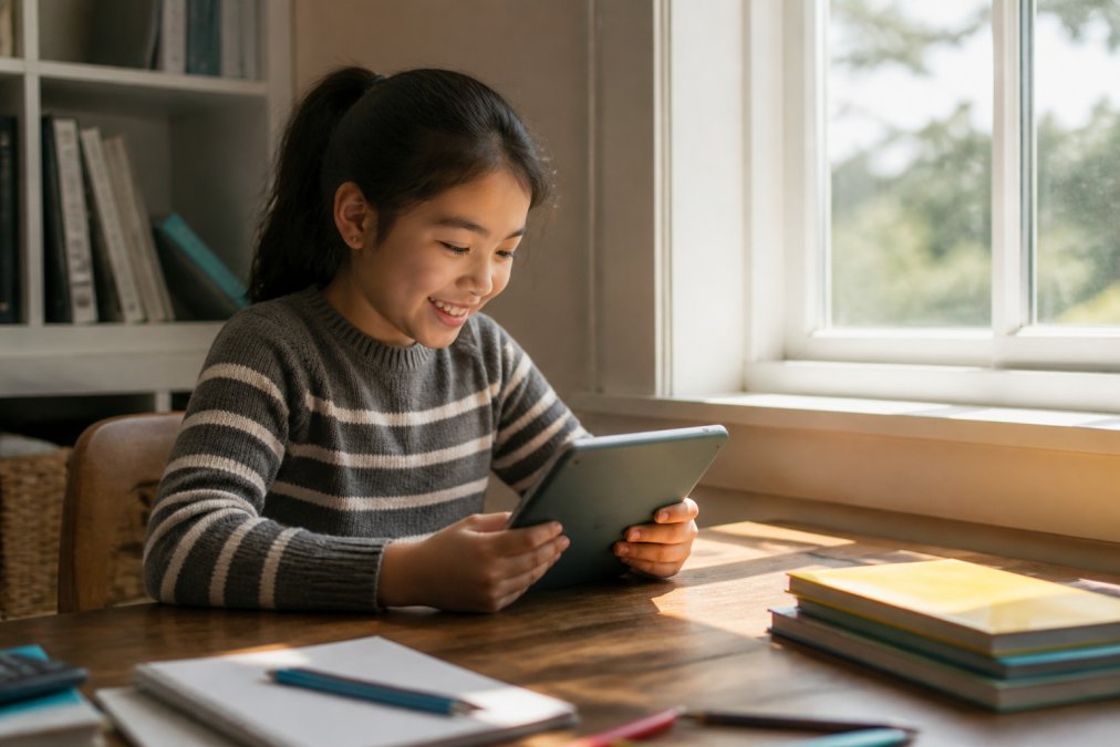 A young child around age 8 sitting at a tablet at a wooden desk, smiling while reading a colorful illustrated story, with soft natural light streaming from a nearby window