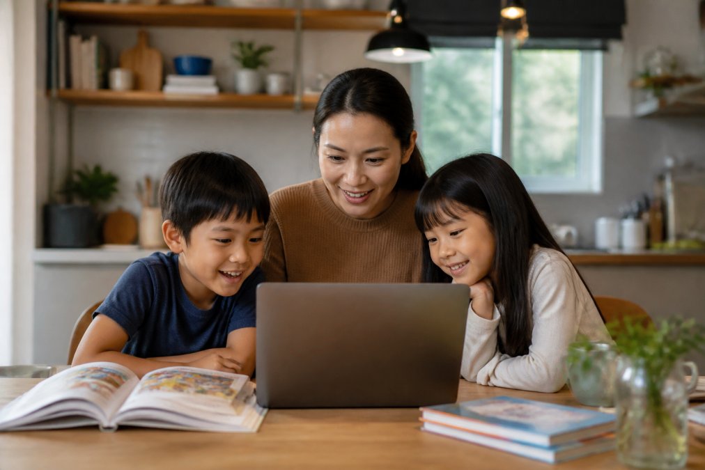 A parent and two children gathered around a laptop on a kitchen table, reading an illustrated digital story together, with warm ambient home lighting and open books nearby