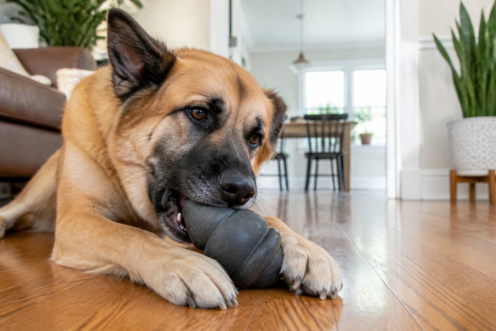 Large muscular dog actively chewing on a thick natural rubber toy on a hardwood floor, bright living room background with the toy visibly intact and undamaged