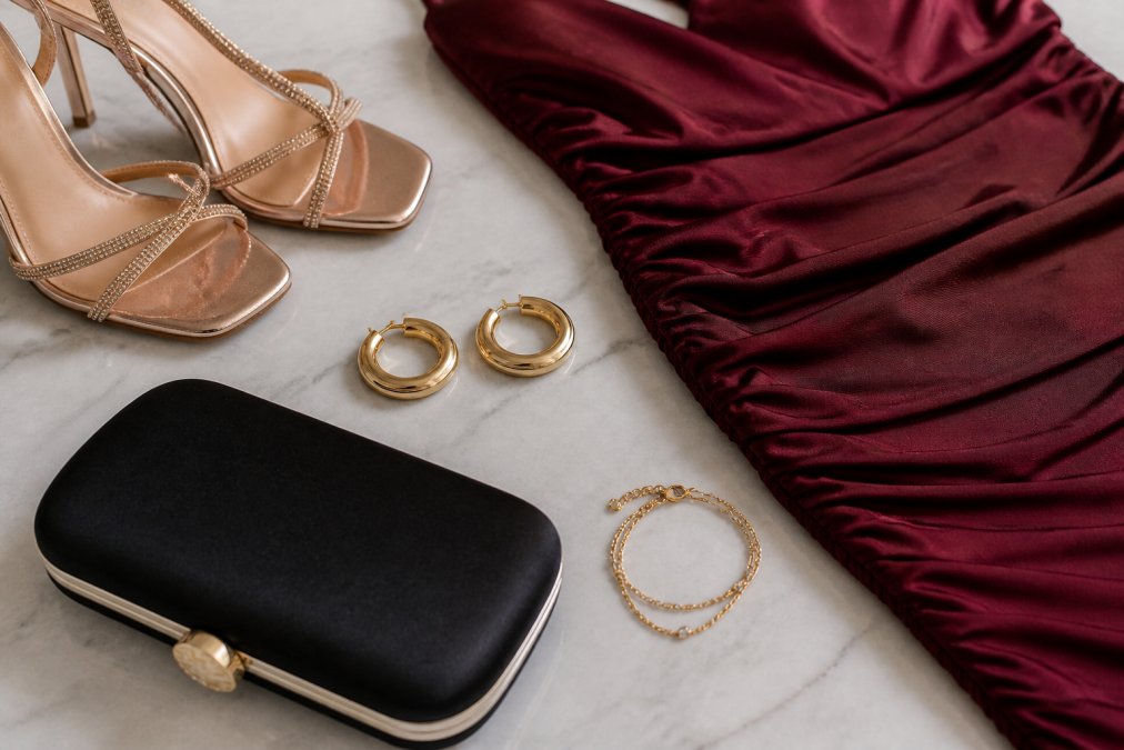 Close-up of styling details arranged on a marble surface next to a bodycon dress: strappy metallic heels, statement gold hoop earrings, a sleek black clutch, and a delicate gold bracelet, showing how accessories elevate and complete a birthday look