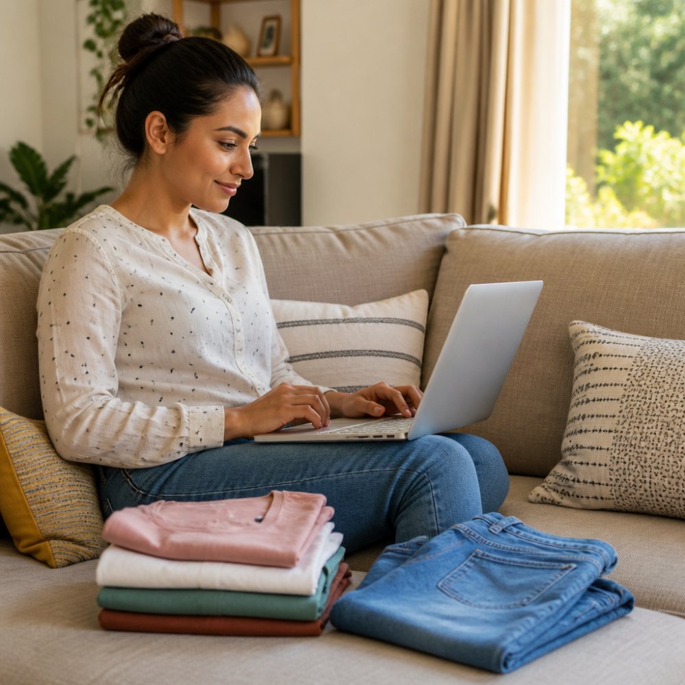 Woman sitting on a couch browsing clothing options on a laptop with casual tops and jeans nearby