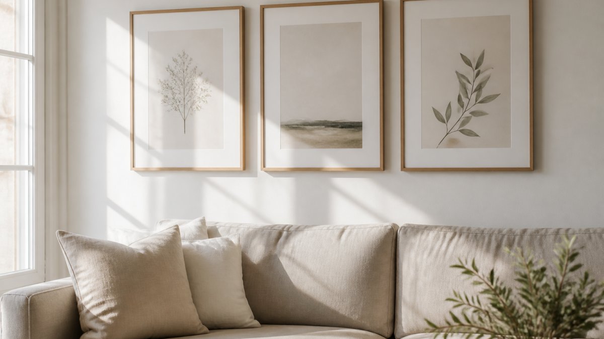 Three minimalist art prints in wood frames displayed on a sunlit living room wall above a neutral linen sofa