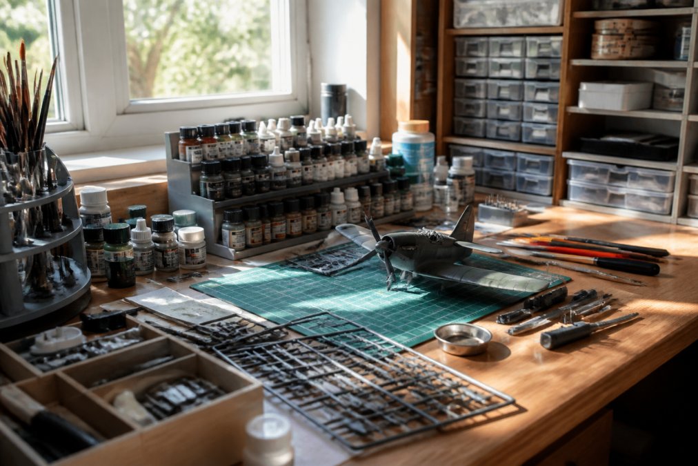 Crafter's workspace with organized model kits, paint bottles, precision tools, and hobby supplies arranged on a wooden desk near a window with natural daylight streaming across the workspace