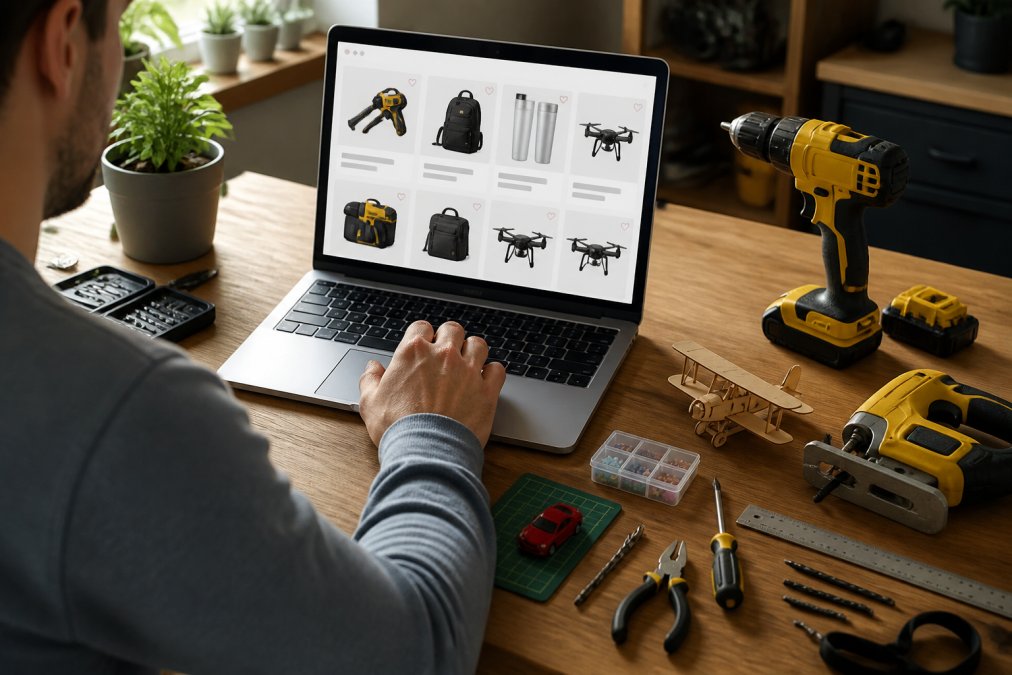 Person browsing an online shop on a laptop with Ryobi cordless tools and hobby supplies visible on the desk beside the computer, natural workspace lighting
